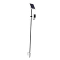 Ground stake solar panel mount stand with long black pole and device bracket
