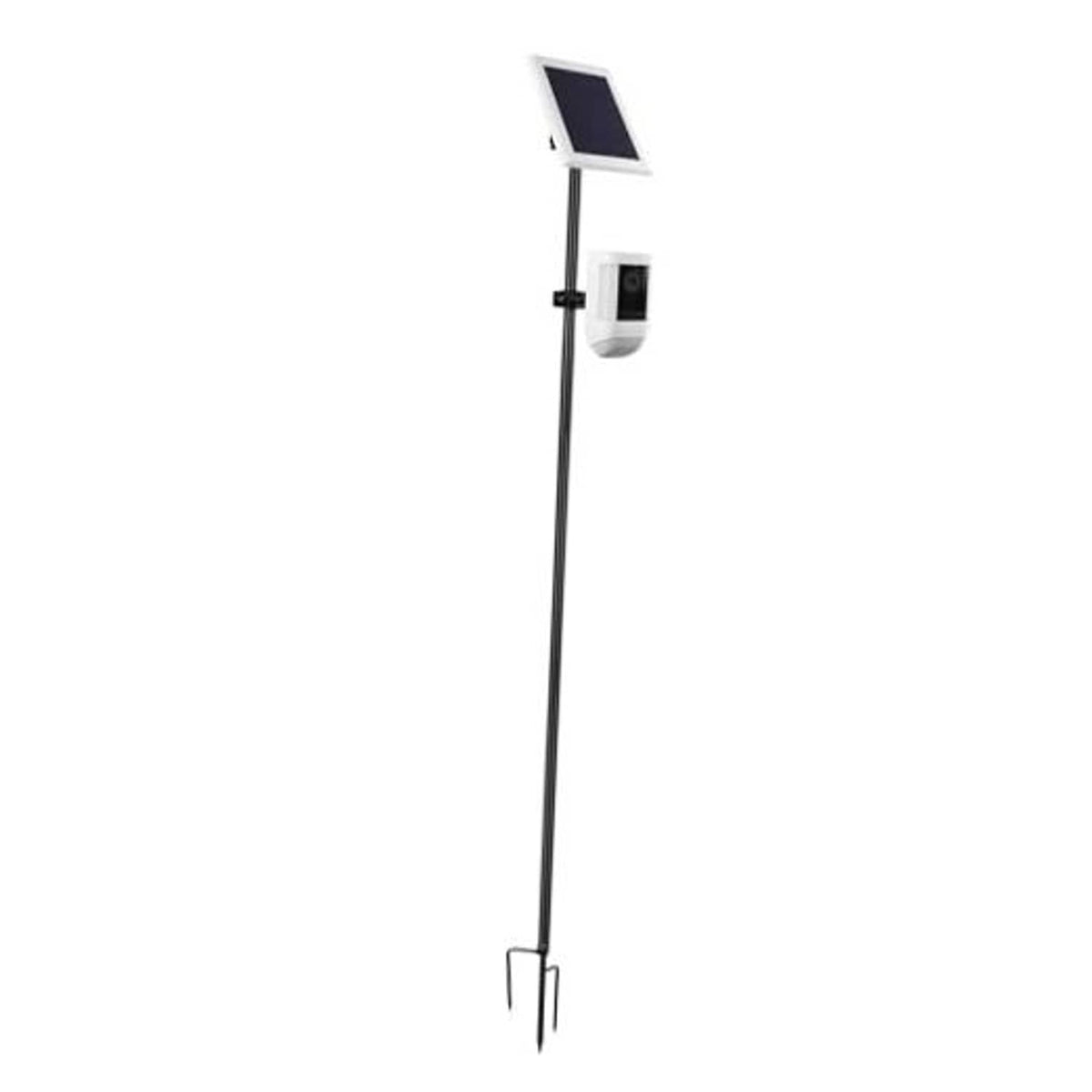 Ground stake solar panel mount stand with long black pole and device bracket
