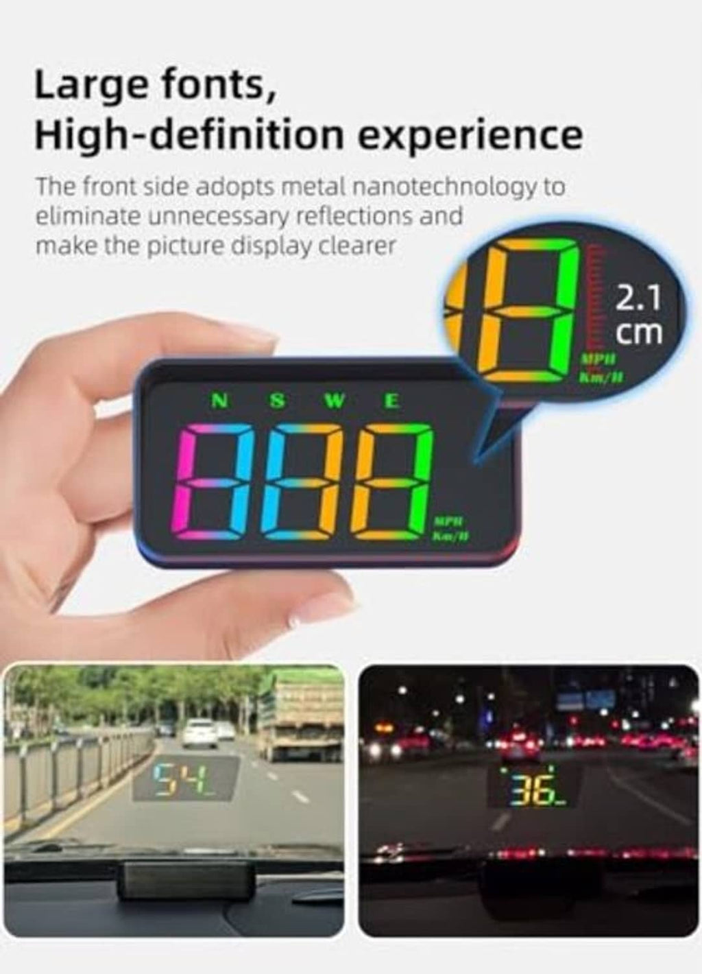 Handheld dark blue HUD projection display showing multicolor 600 speed digits
