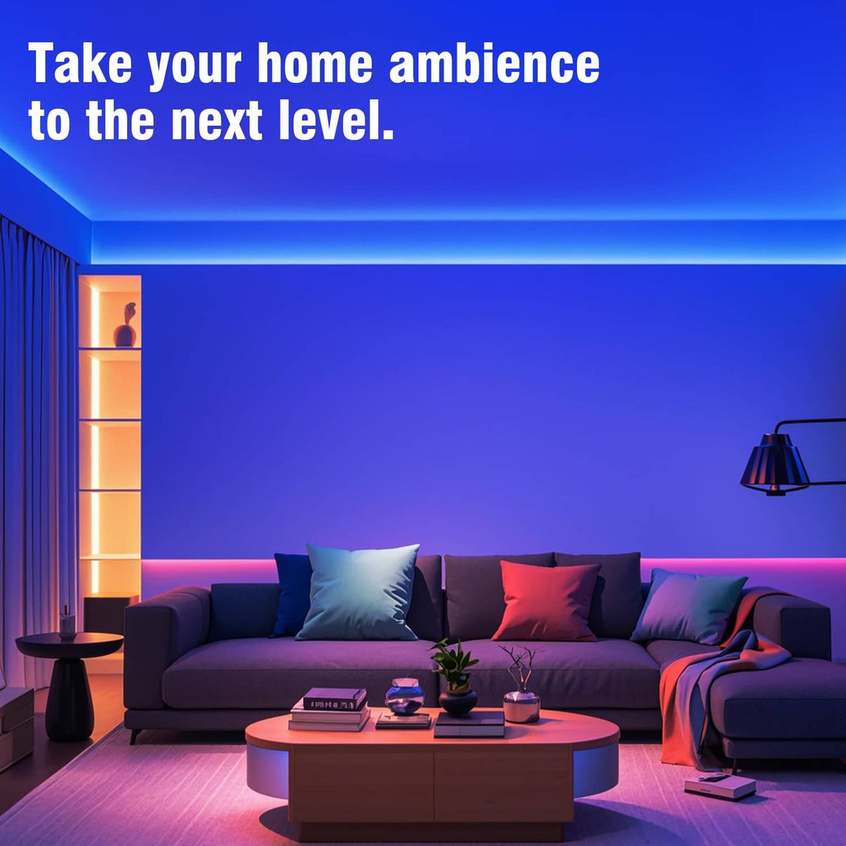RGB LED strip light along a wall edge, multicolor room lighting