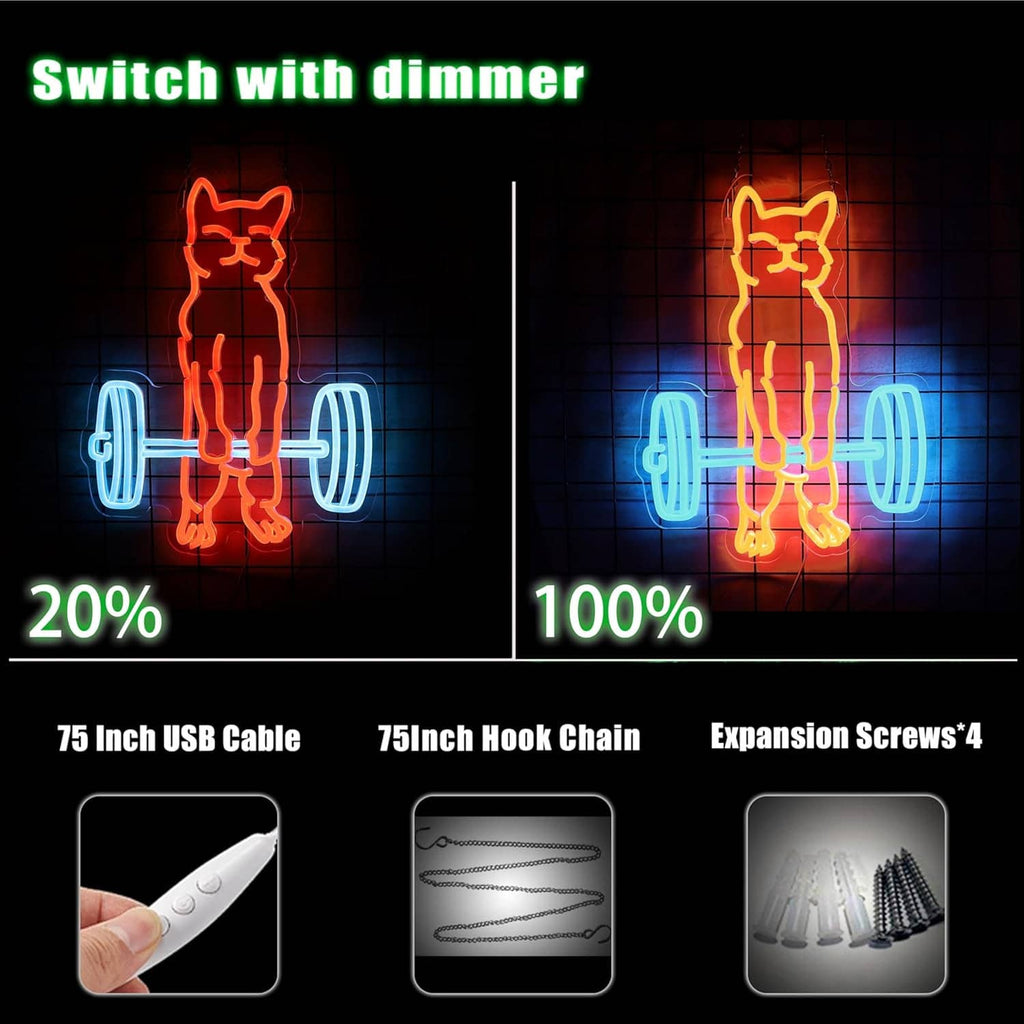 Neon cat lifting weights sign with orange cat figure and blue dumbbells, dimmer-style display