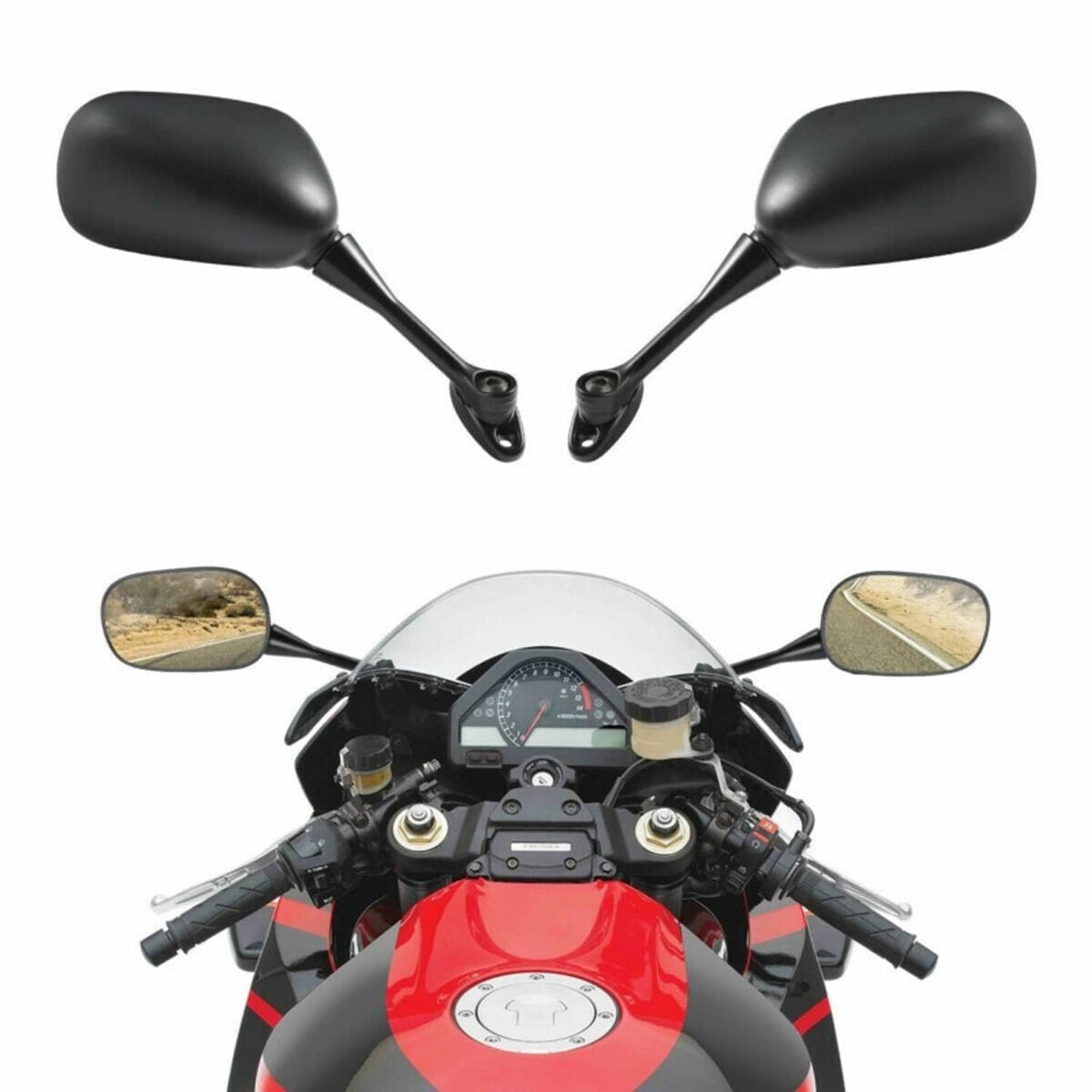 Motorcycle handlebar view with black side mirrors and clear mirror glass installed