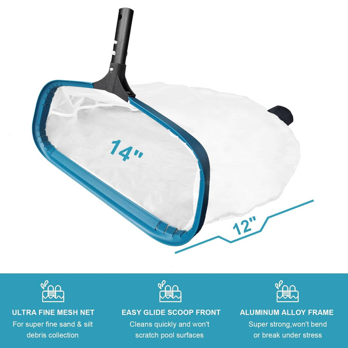 POOLWHALE pool skimmer rake with white mesh bag and teal frame, black head