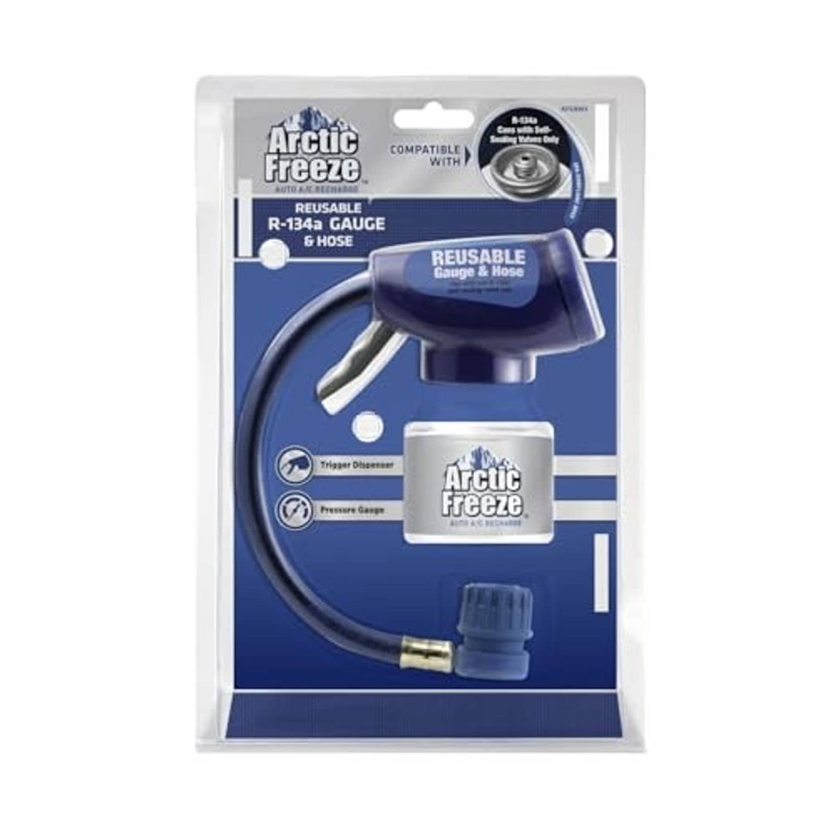 Reusable AC refrigerant gauge and hose kit with Arctic Freeze brand on package