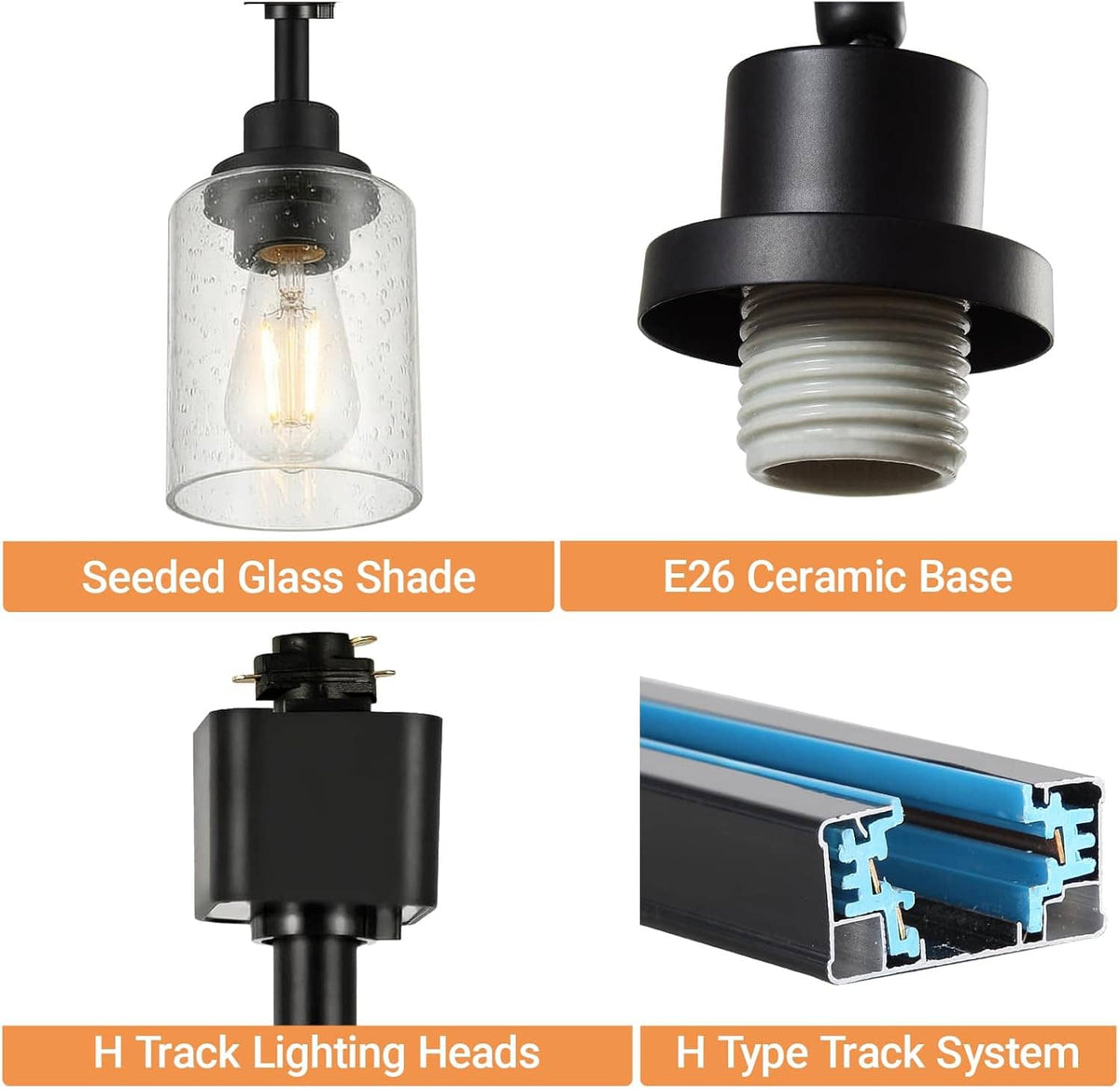 Black H-type track lighting head with seeded glass shade and ceramic E26-style base