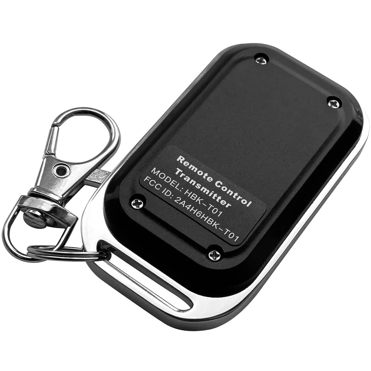 Black remote control transmitter with key ring and label on the back