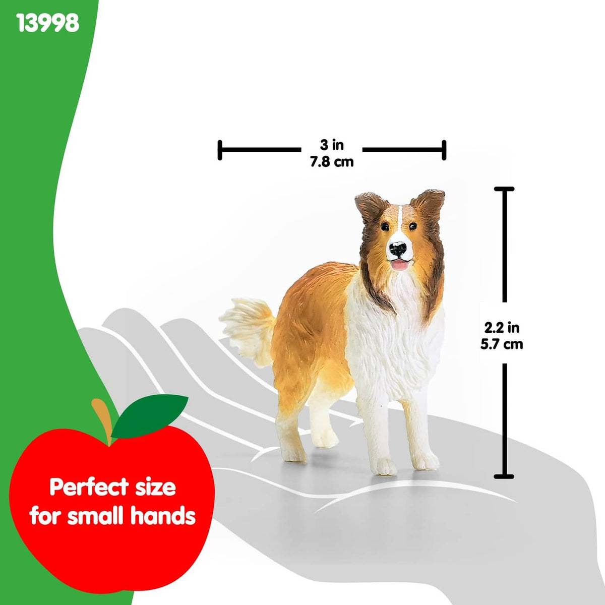 Collie dog figurine with size measurement lines, tan-and-white coat