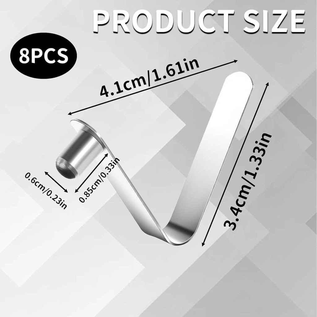 8-pack stainless steel spring snap tent pole clips with size diagram dimensions