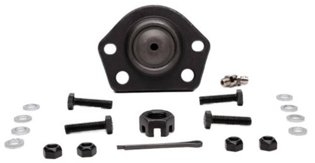 Front upper suspension ball joint assembly with black bracket and rubber boot opening; includes bolts, nuts.