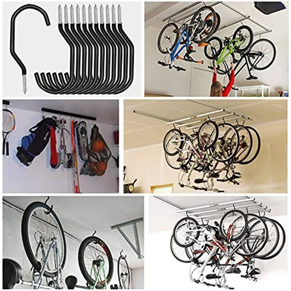 12-pack black bike storage hooks mounted on wall, holding bicycles by front wheel