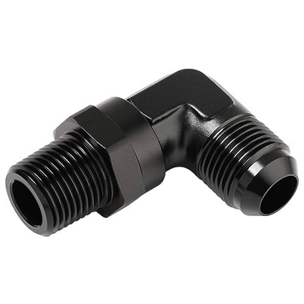 Black 90-degree swivel AN-to-NPT elbow fitting with ridged hex collar