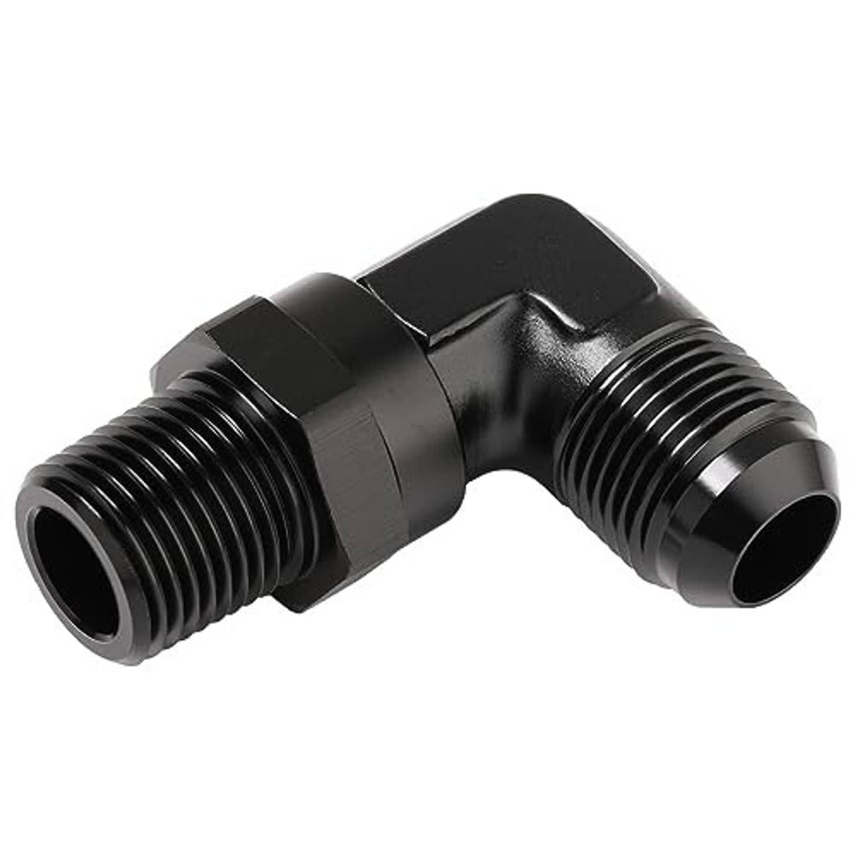 Black 90-degree swivel AN-to-NPT elbow fitting with ridged hex collar