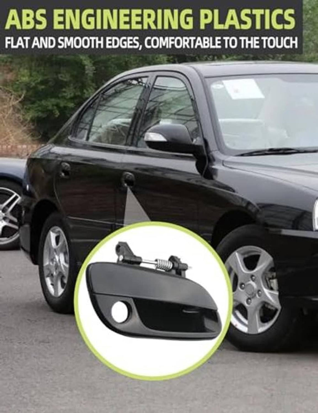Dark gray/black passenger-side exterior door handle on car door with inset detail