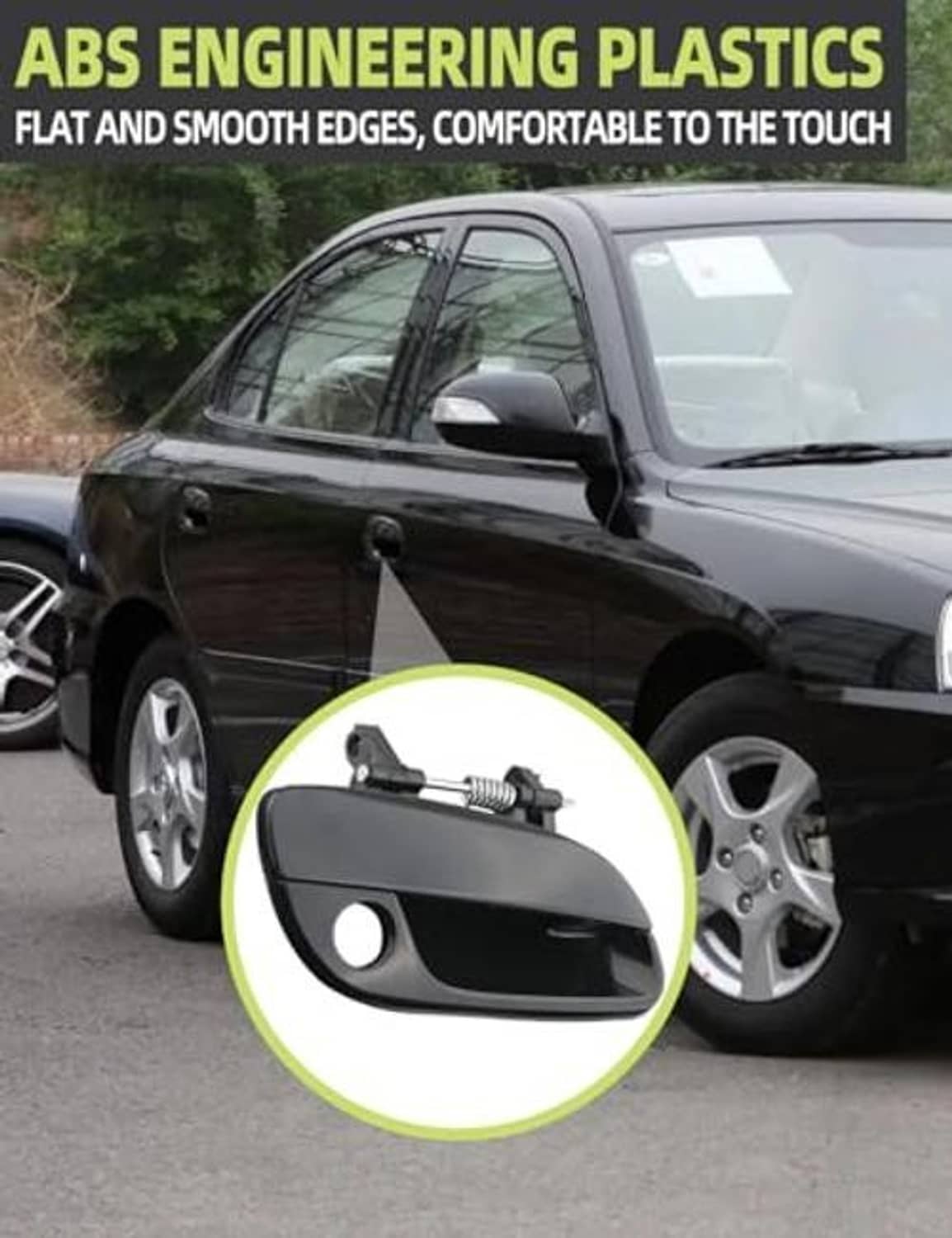Dark gray/black passenger-side exterior door handle on car door with inset detail