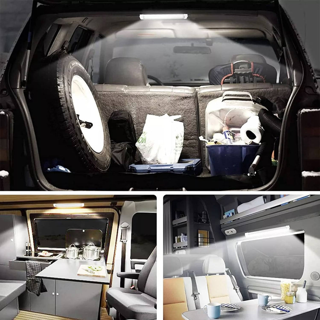 12V LED light bar installed in vehicle interior ceiling for dome lighting