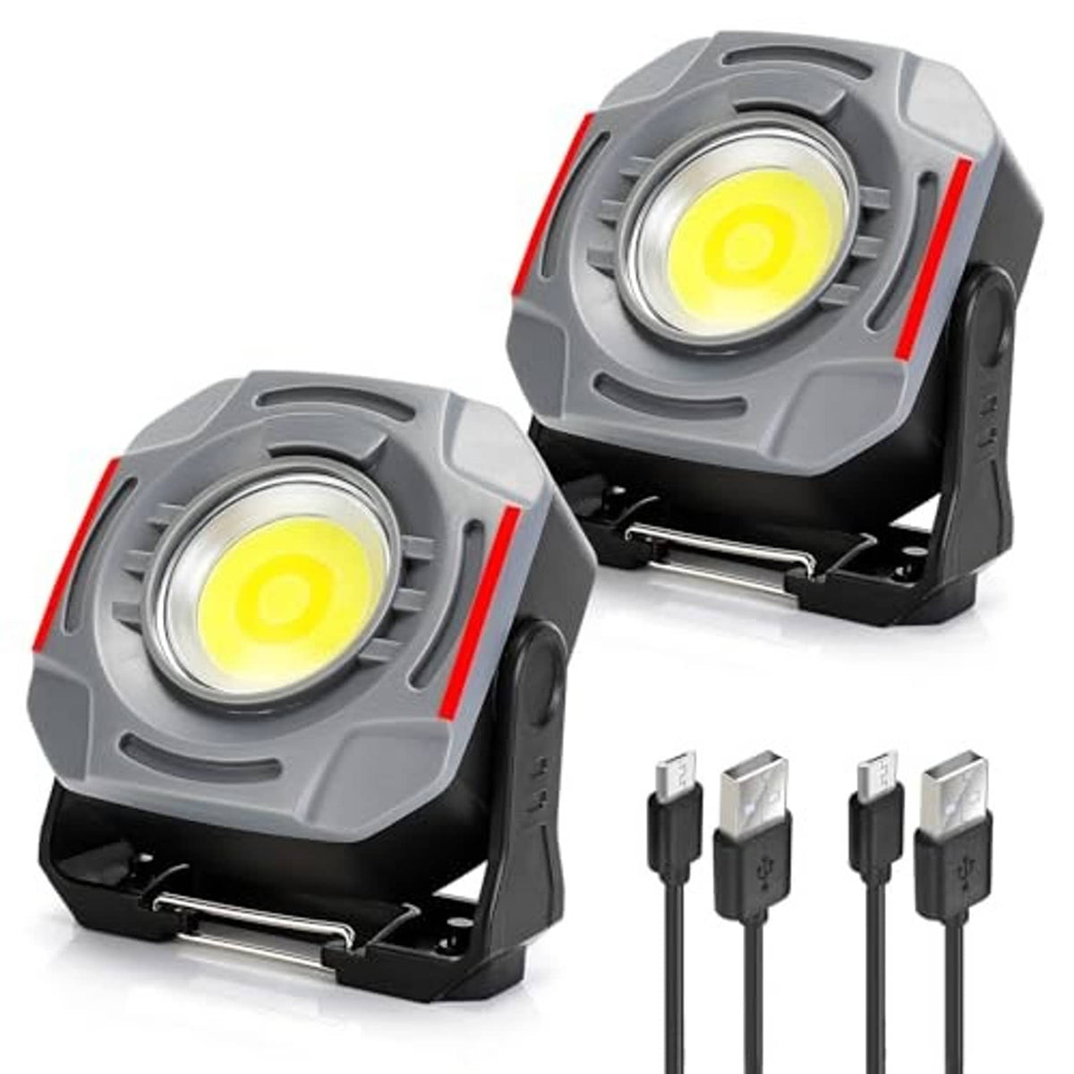 Rechargeable portable flood work light with gray housing, hook base, and included charging cables