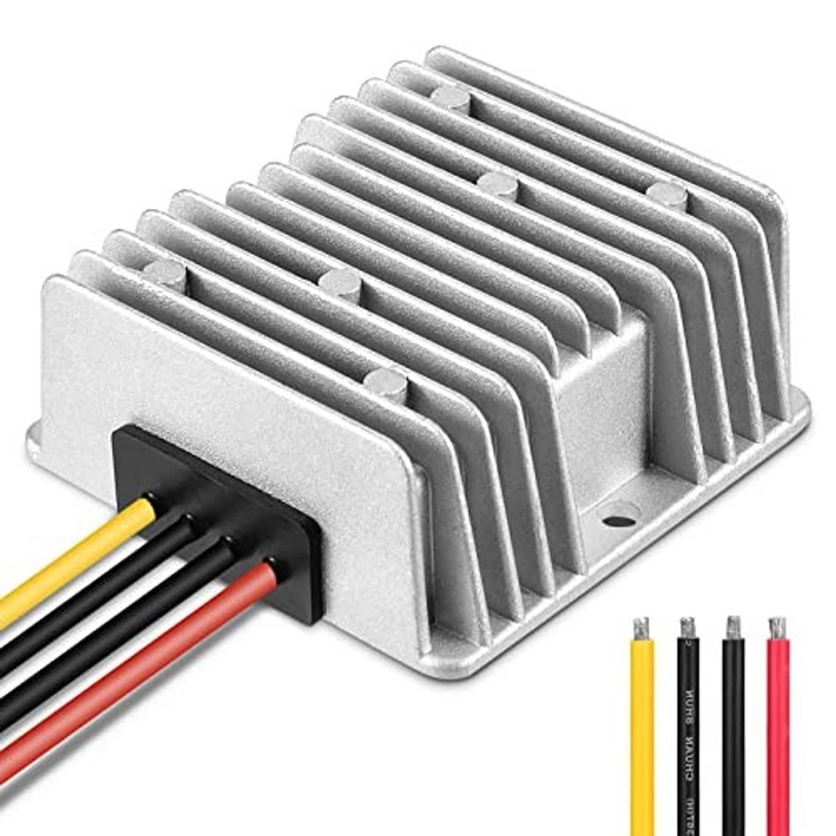 DC step-down voltage converter with metal heat sink and exposed wire terminals