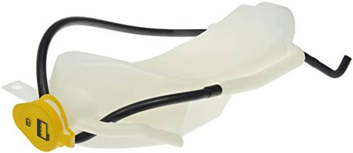 Coolant reservoir with white tank and black hoses, yellow cap for non-pressurized use