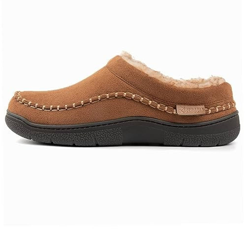 Tan suede slip-on moccasin slippers with fuzzy shearling lining and textured rubber sole