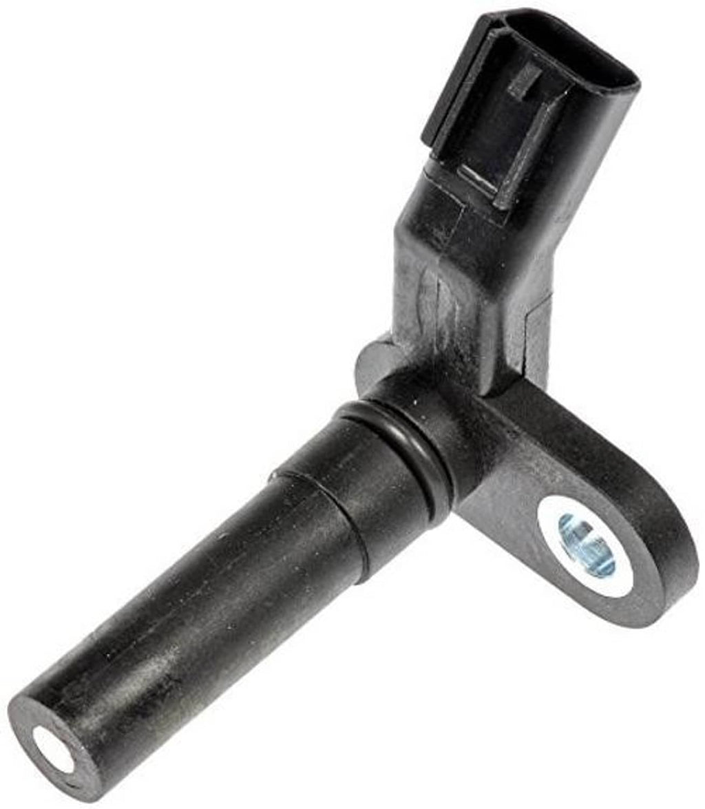 Crankshaft position sensor angled view, black housing with metal bracket and holes