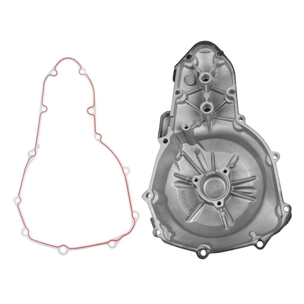 Silver crank case cover casting with paper gasket and red outline.