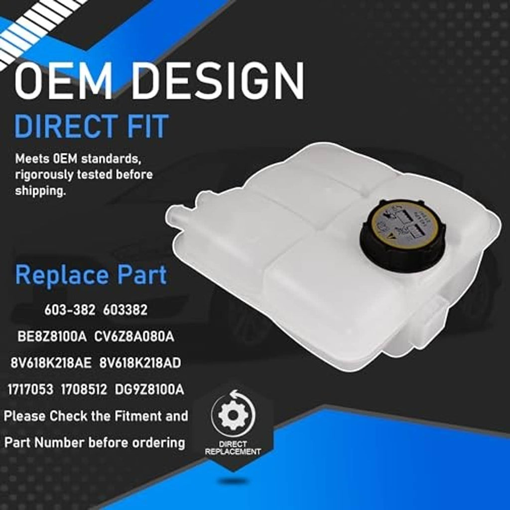 Engine coolant recovery reservoir tank with black cap, white plastic coolant reservoir