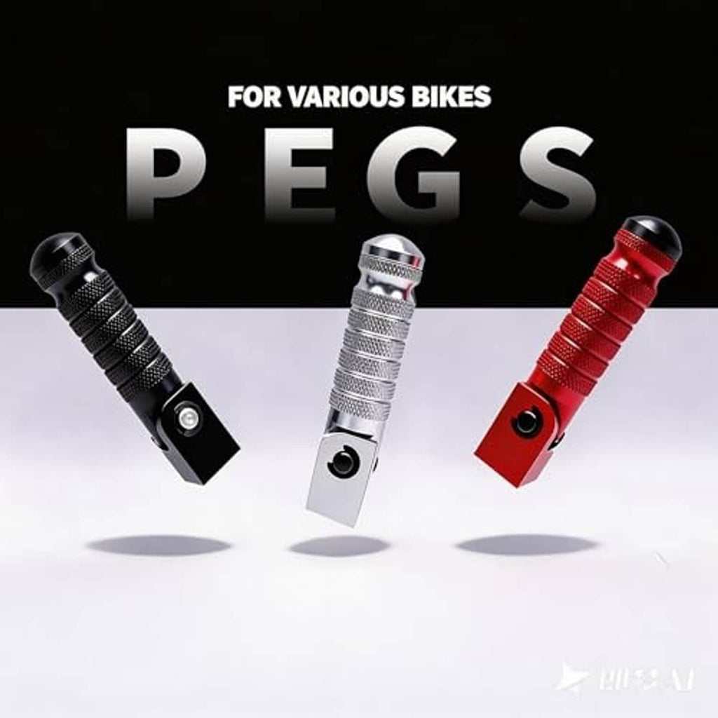 Folding foot pegs set for various bikes: black, silver, and red options