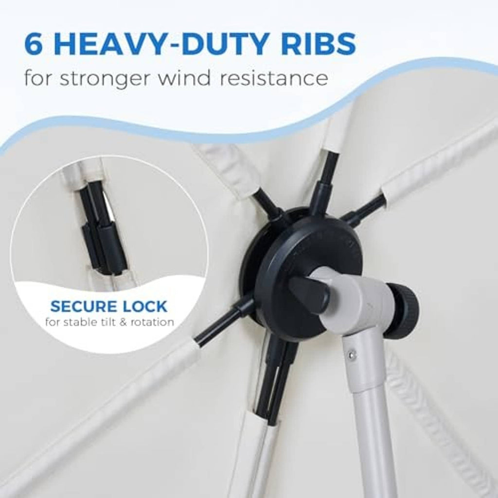 Beige umbrella frame detail with black locking hub and rib joints