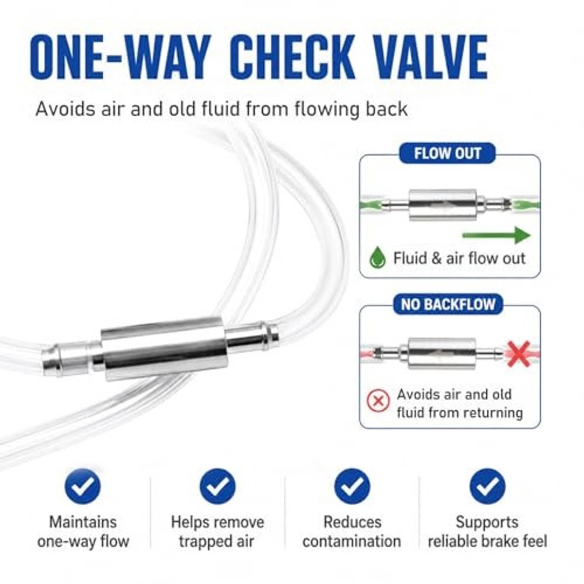 Brake bleeder kit one-way check valve inline on metal fitting with clear hoses
