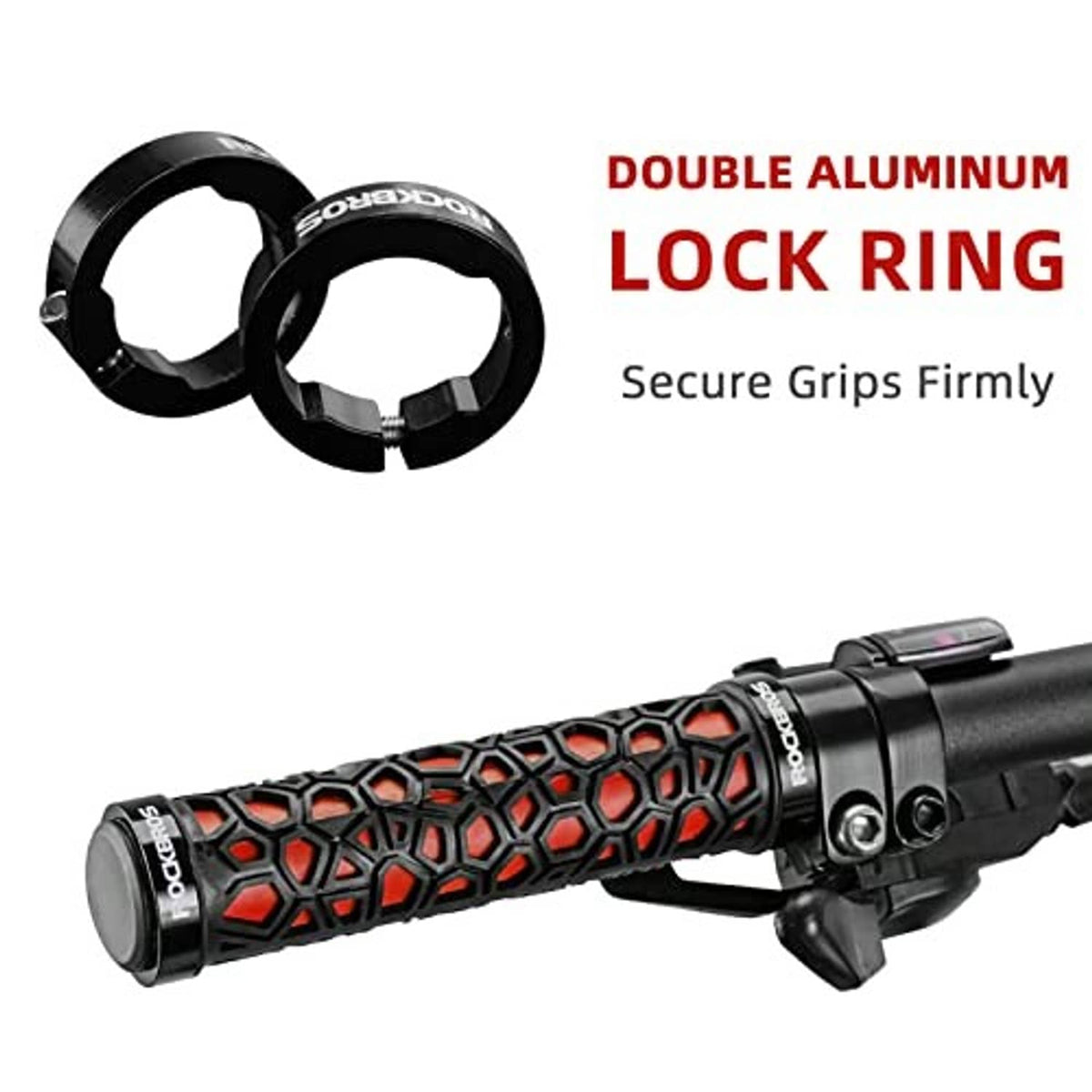 Red and black textured lock-on bike grips with double aluminum lock ring