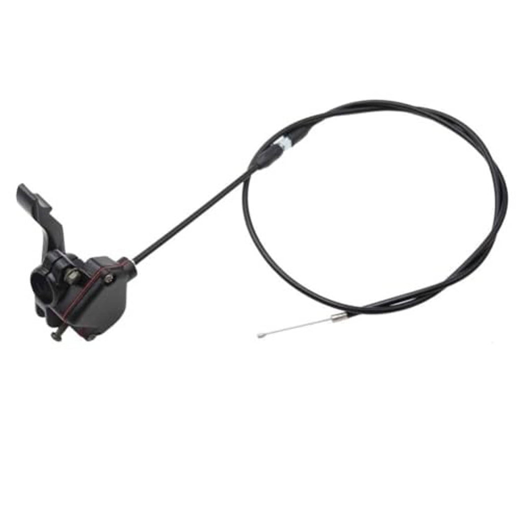 Black thumb throttle with cable and control housing, shown from left side