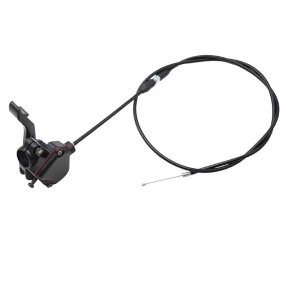 Black thumb throttle with cable and control housing, shown from left side