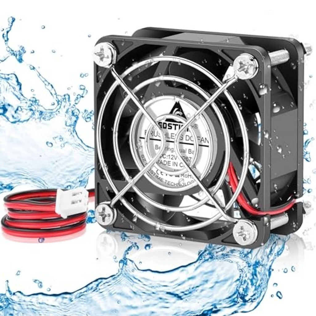 Black IP67 waterproof cooling fan with metal grille, silver screws, and red cable