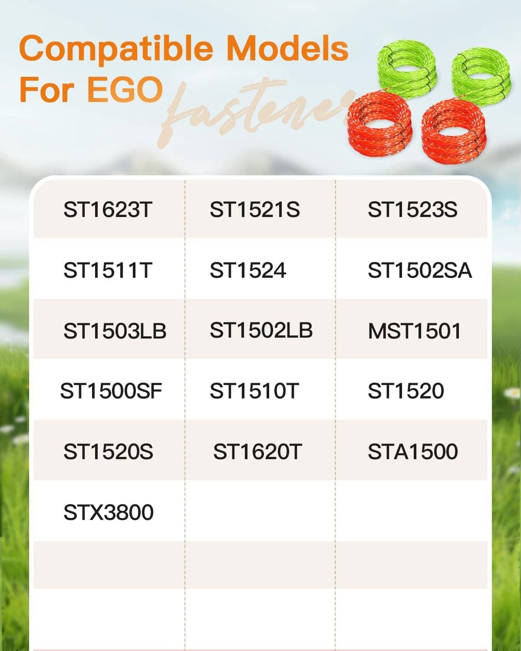 Replacement twisted trimmer lines with compatibility chart for EGO models
