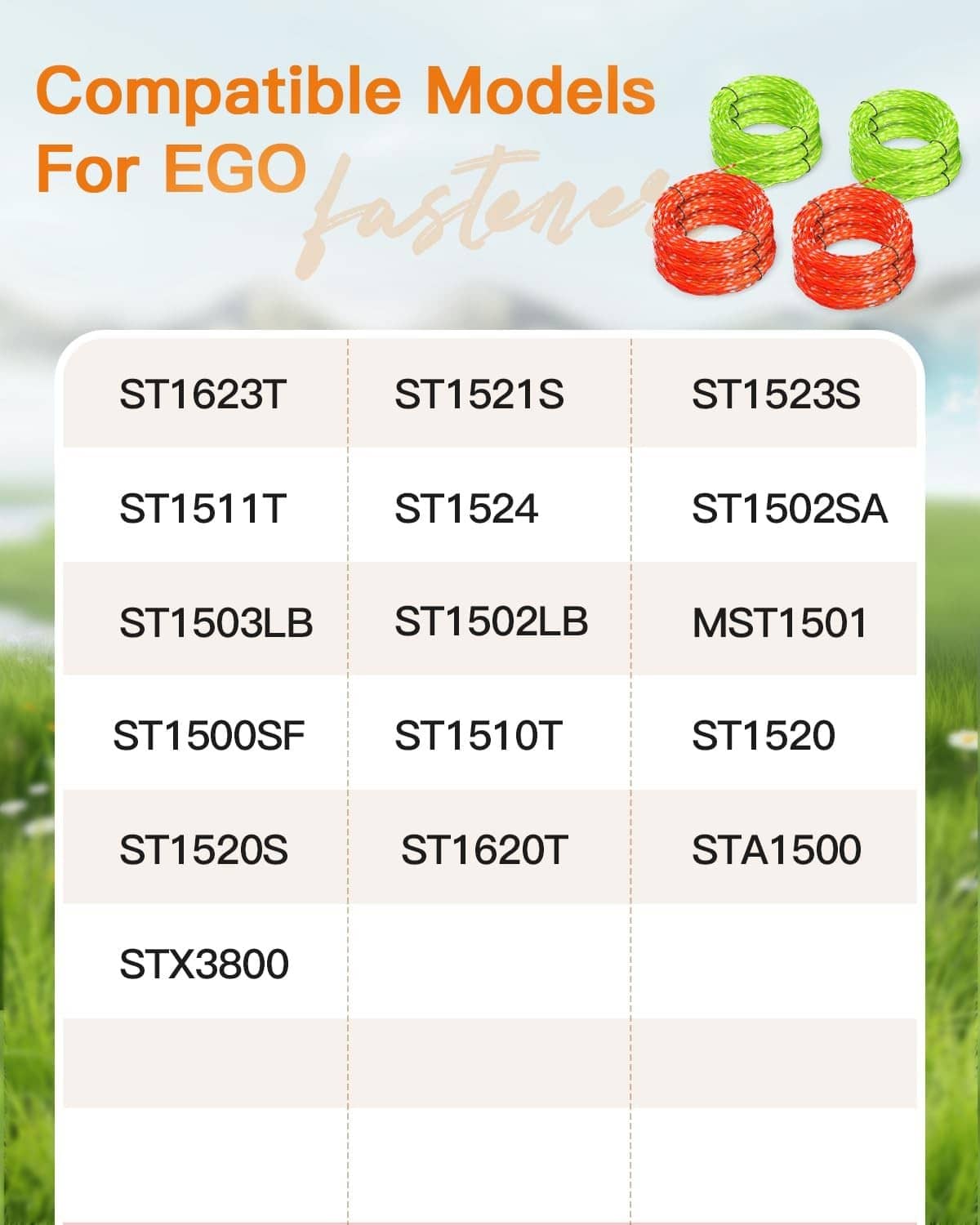 Replacement twisted trimmer lines with compatibility chart for EGO models
