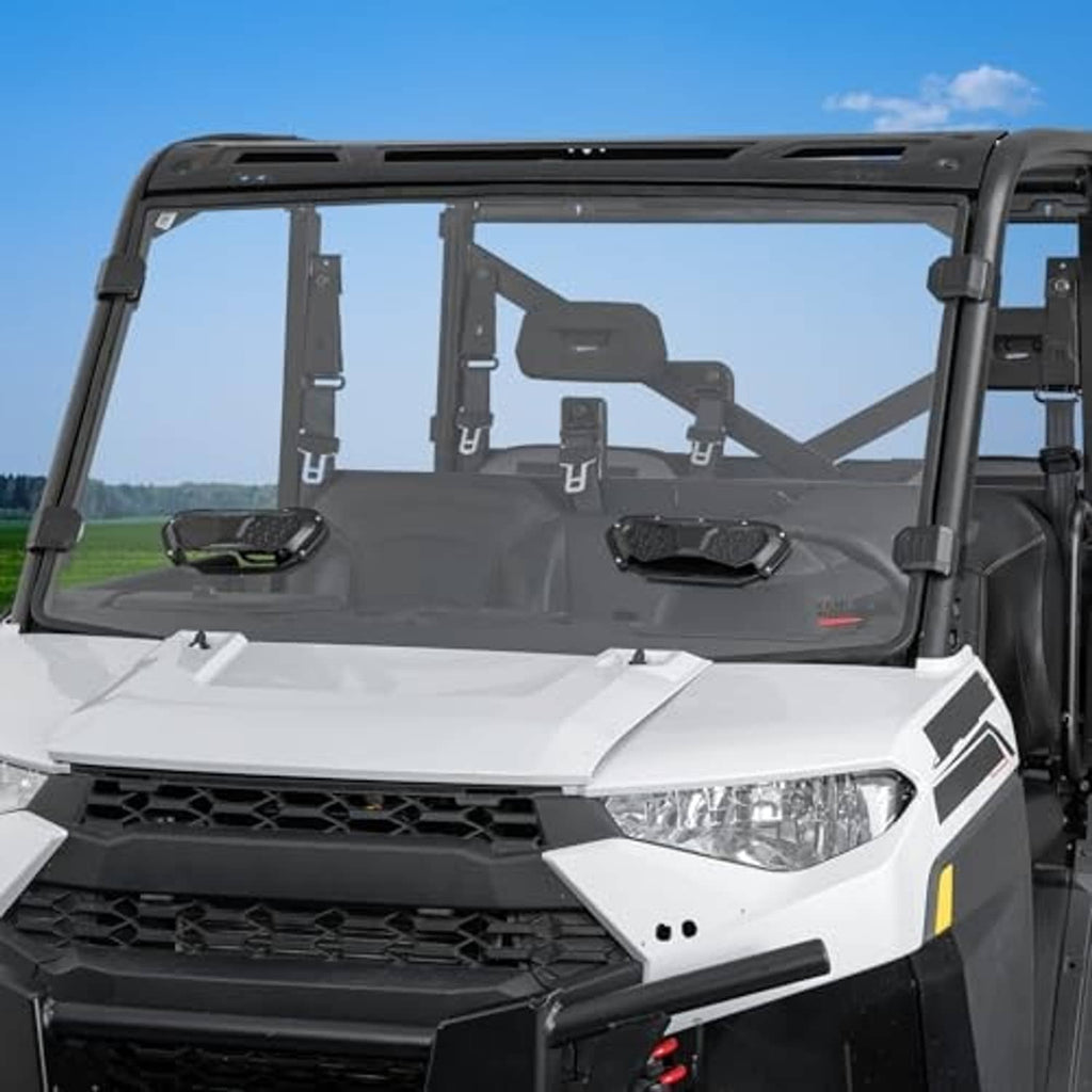 Side view of UTV sliding scratch vented windshield with clear panel and dark frame