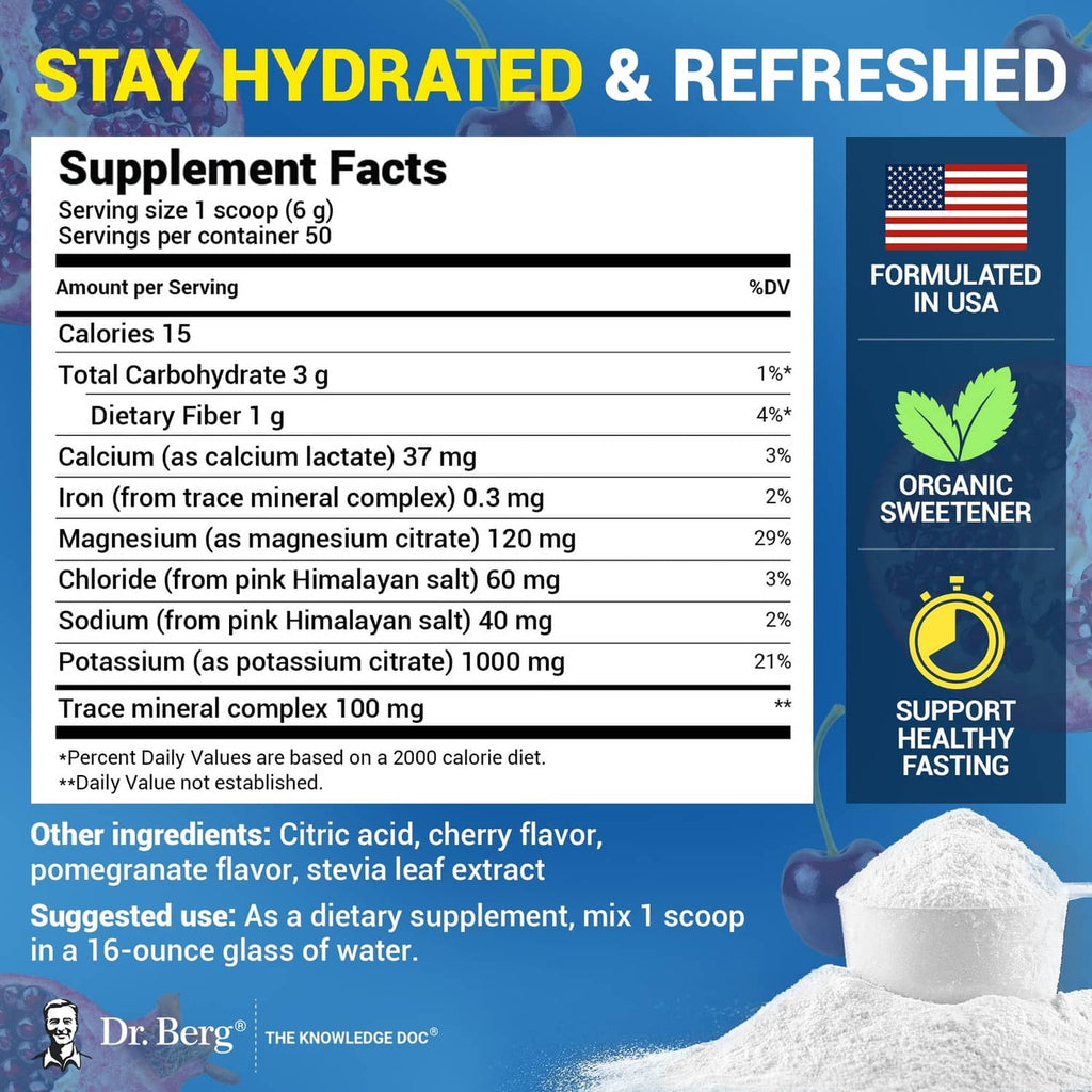 Electrolyte powder Supplement Facts label with serving directions