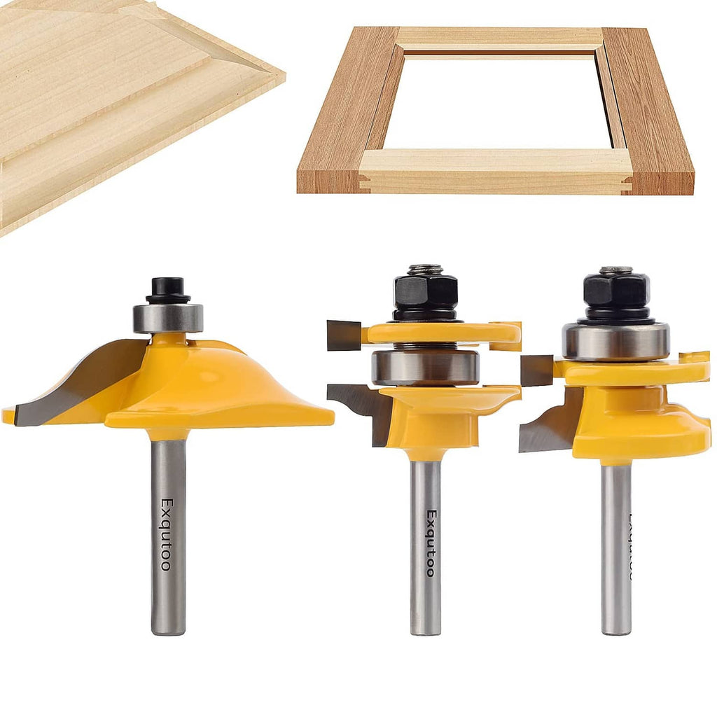 Three-piece router bit set with yellow raised-panel cutters and 1/4 in shanks