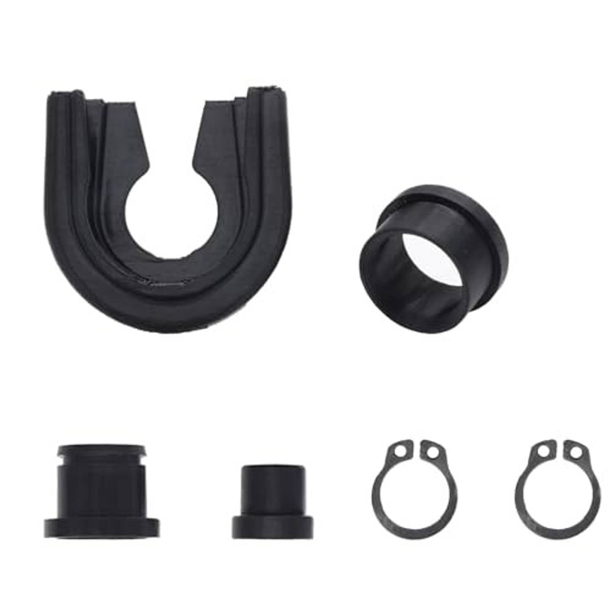 Manual transmission shift cable bushing kit with black U-shaped bushing, round bushing and clips