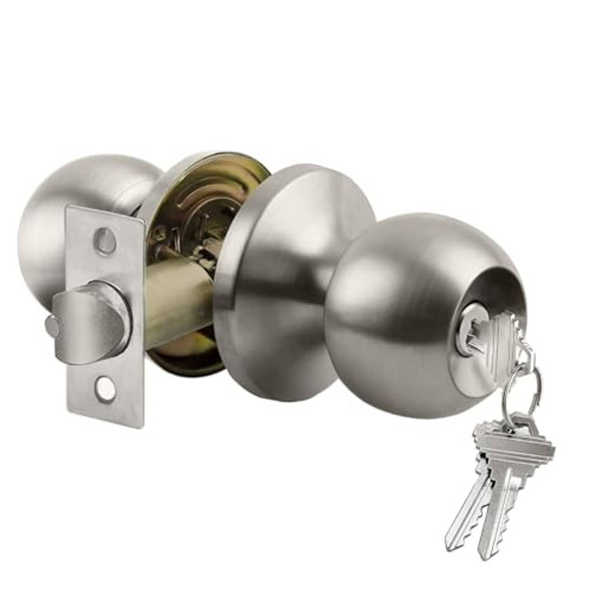 Satin nickel keyed entry door knob lockset with keys and key cylinder