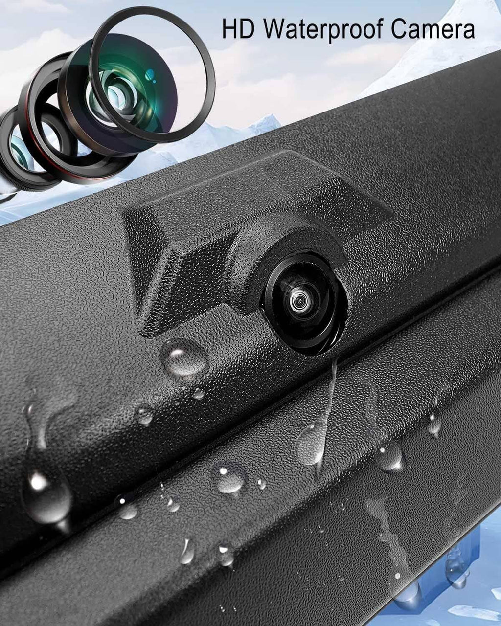 Waterproof rear view backup camera lens integrated in a black tailgate handle