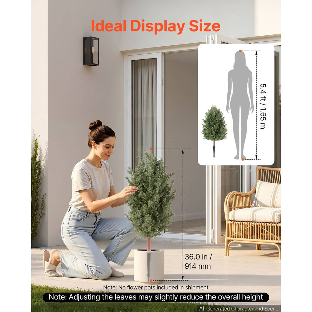 Artificial cedar topiary bush with green leaves, shown to scale for indoor/outdoor