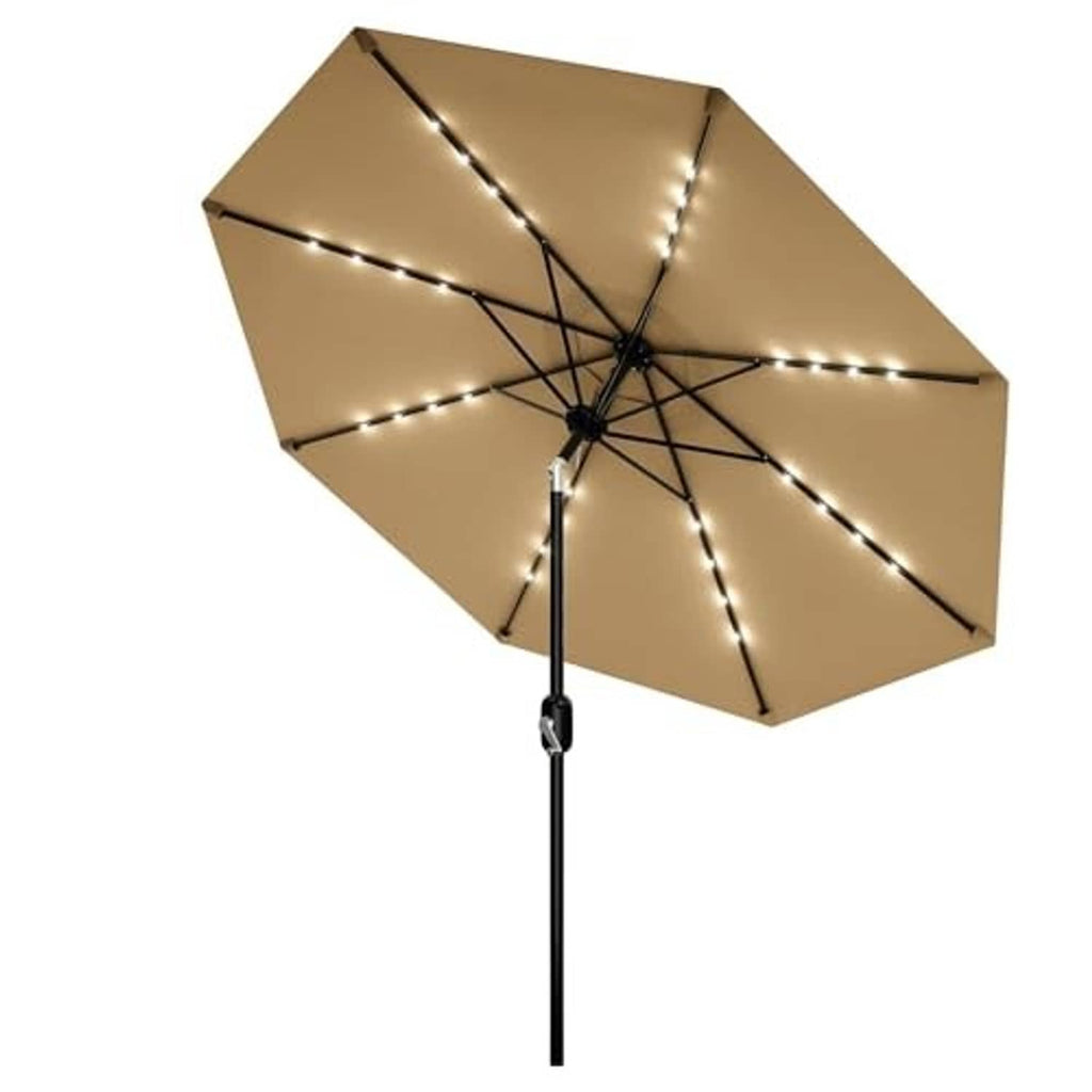 Tan patio table umbrella with solar LED string lights and cross-braced canopy ribs