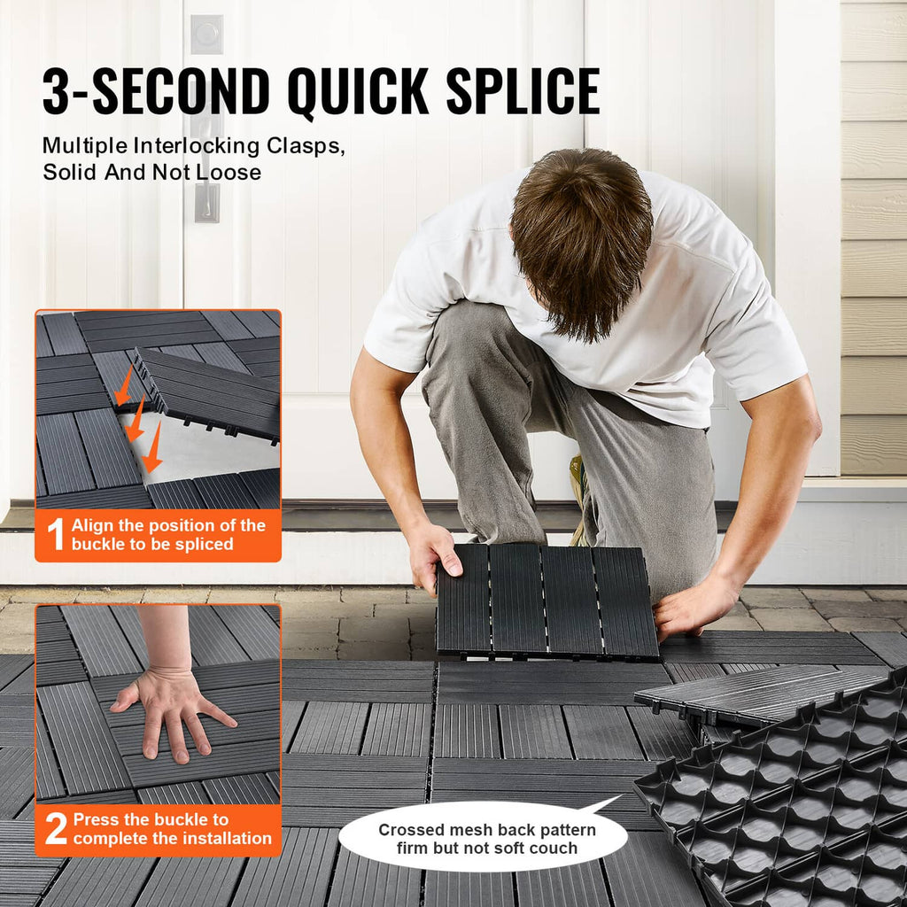 Interlocking deck tiles with clip buckle tabs for quick locking installation