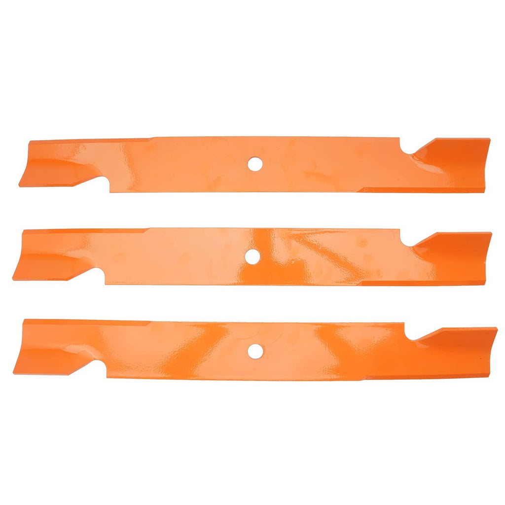 Three orange mower deck blades laid side by side, each with bolt hole and notch