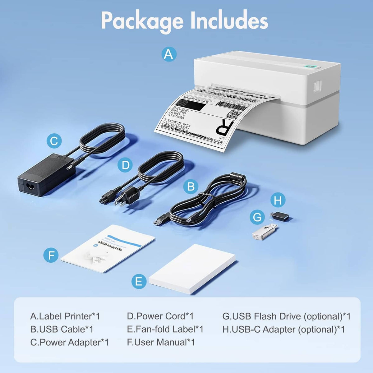 White thermal label printer kit with cables, adapters, manual, and USB flash drive