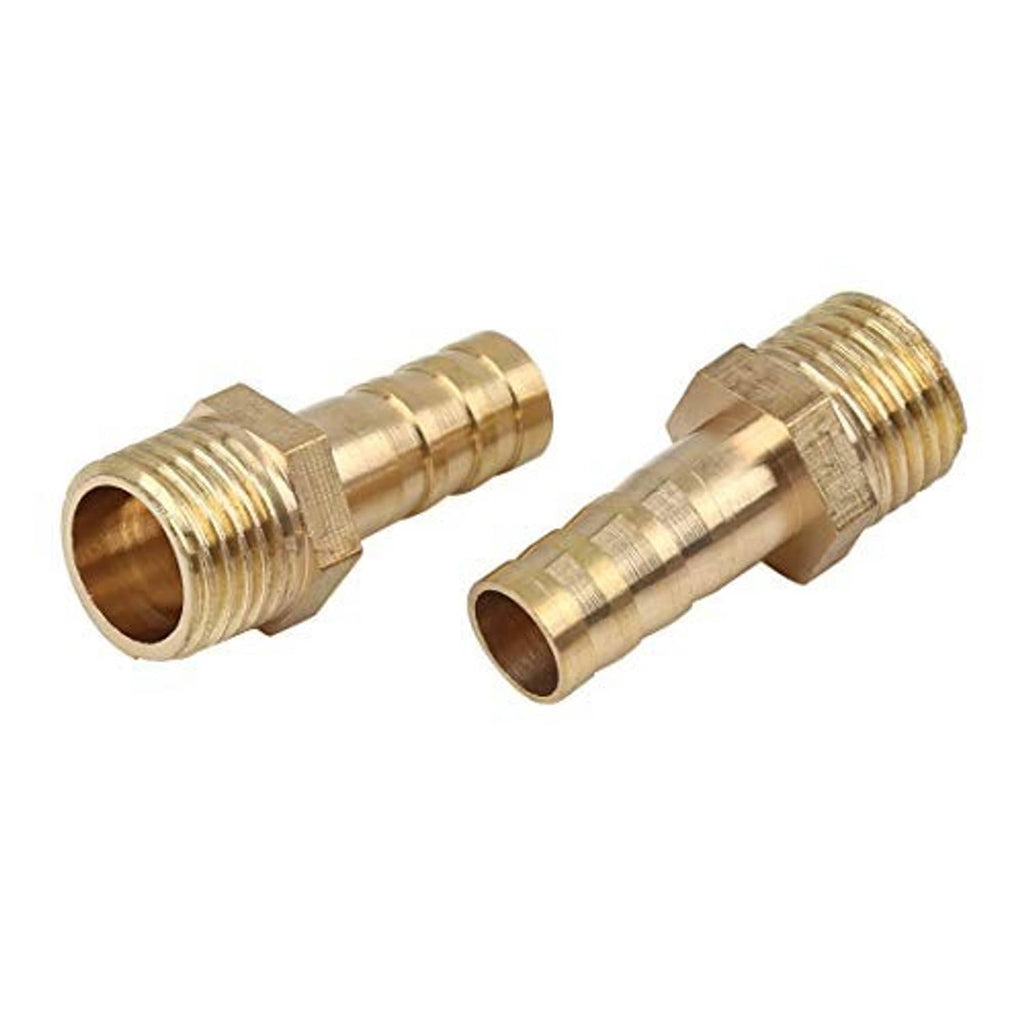Two brass hose barb fitting connectors with 1/4 in NPT male threads and barbed ends