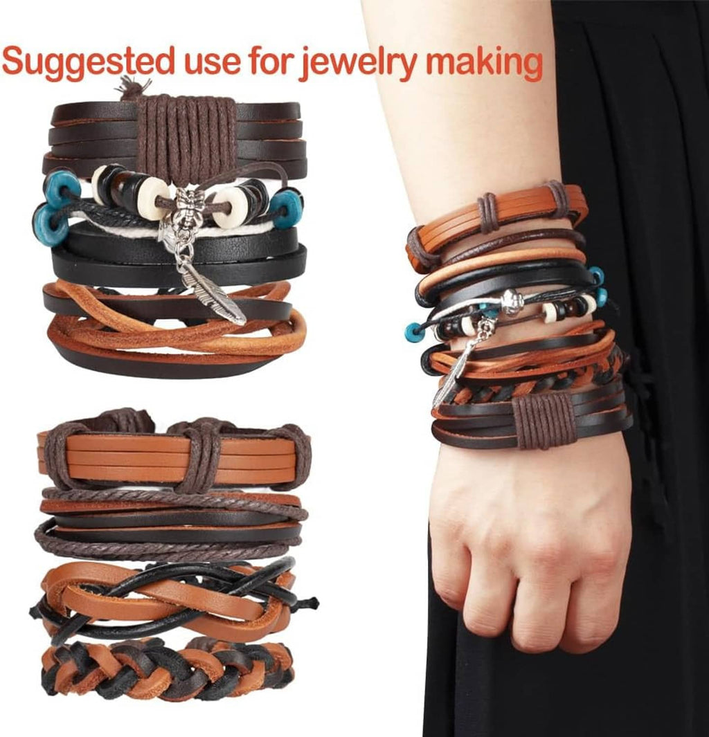 Multiple leather cord bracelets in brown, black, and teal with metal charms