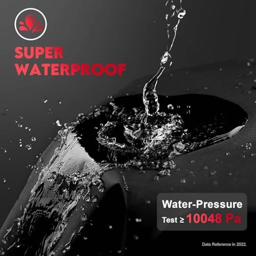 Black waterproof tire cover shown with water-splash effect on the cover surface
