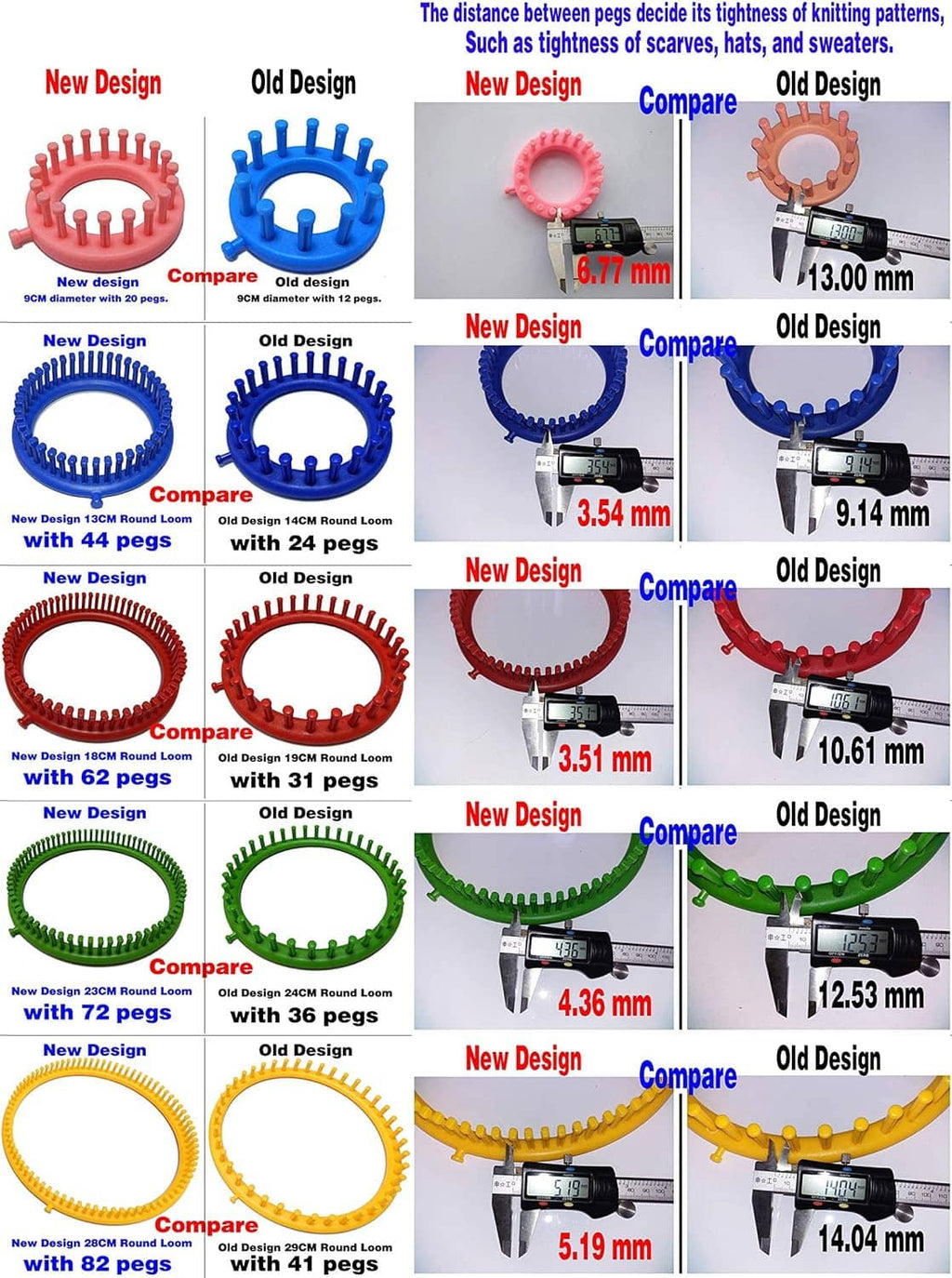Round knitting loom set infographic with peg comparisons and distance measurements
